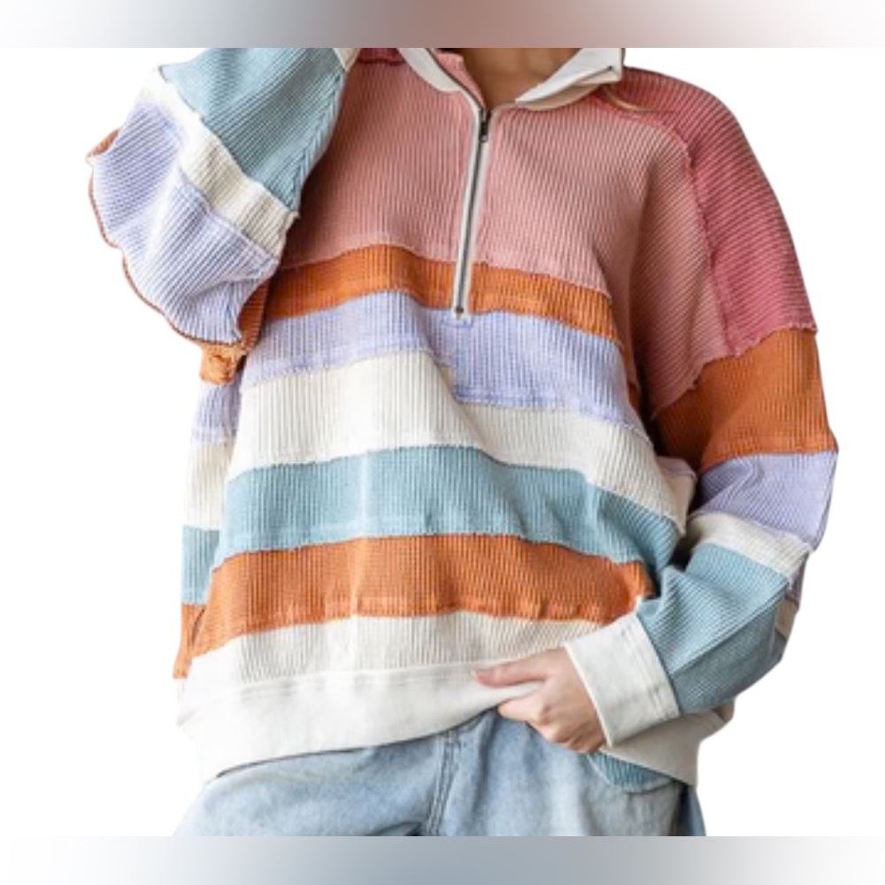 Oli&Hali Washed Color Block Pullover Thermal  Half Zip Oversized Small JT0560 - Picture 4 of 11